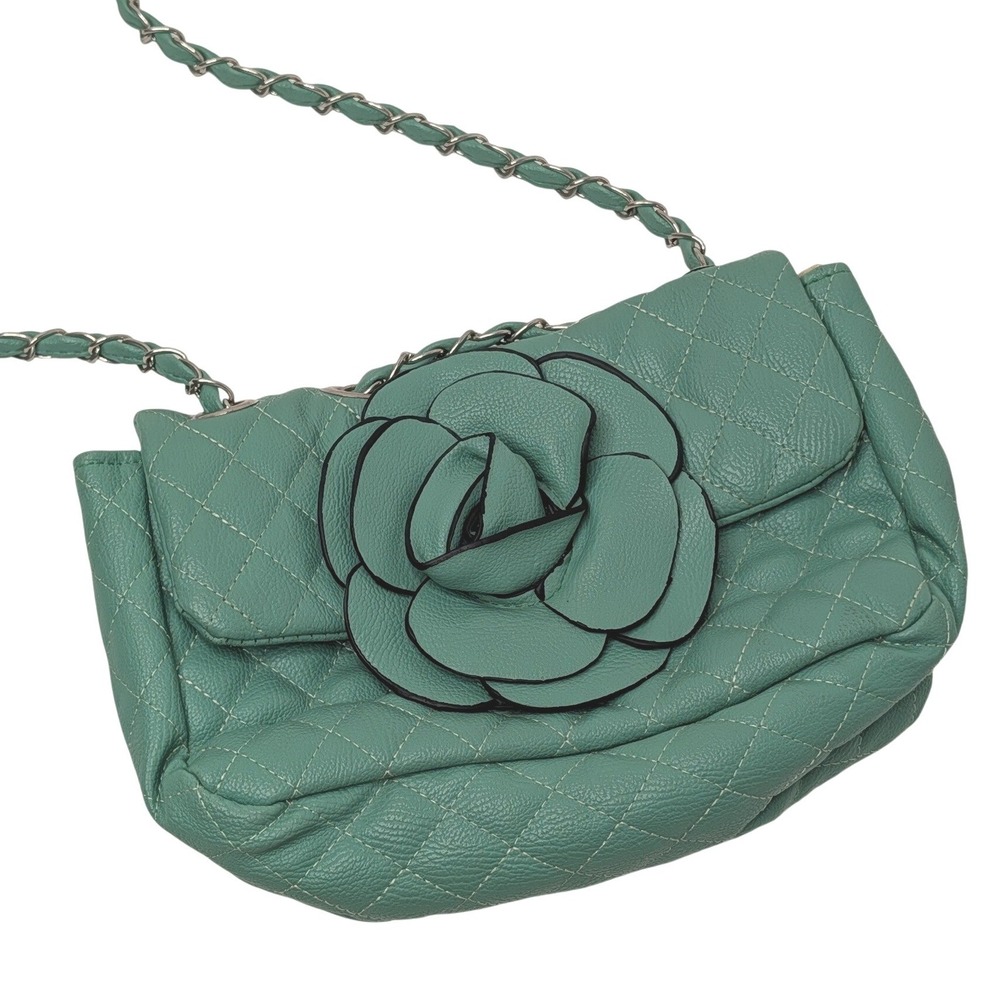 Green Quilted Rose Applique Crossbody Bag Silver Chain Strap Floral Small Purse